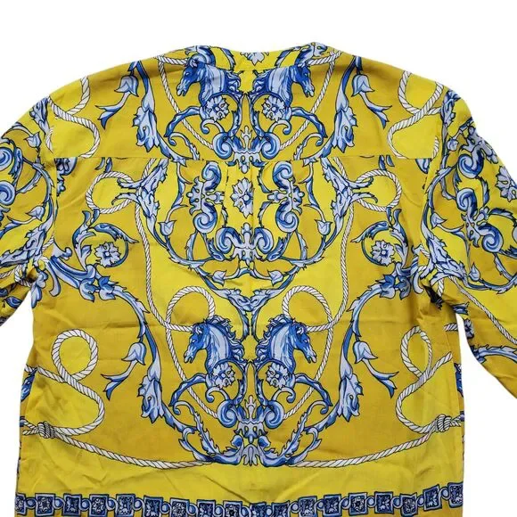 Anthropologie Maeve Elan Scarf Print Blouse 0 Yellow Horse Tie Front Equestrian - Picture 15 of 15